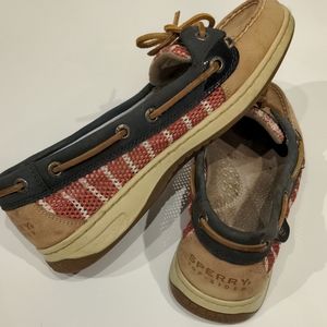 Women 6.5 Red white blue leather mesh fabric Sperry top sider summer boat shoes